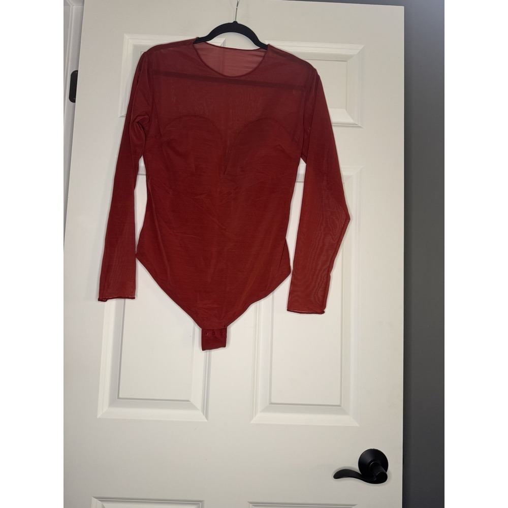 Popilush Long Sleeve Crewneck Bodysuit Mesh Xxl Red New Without Tags